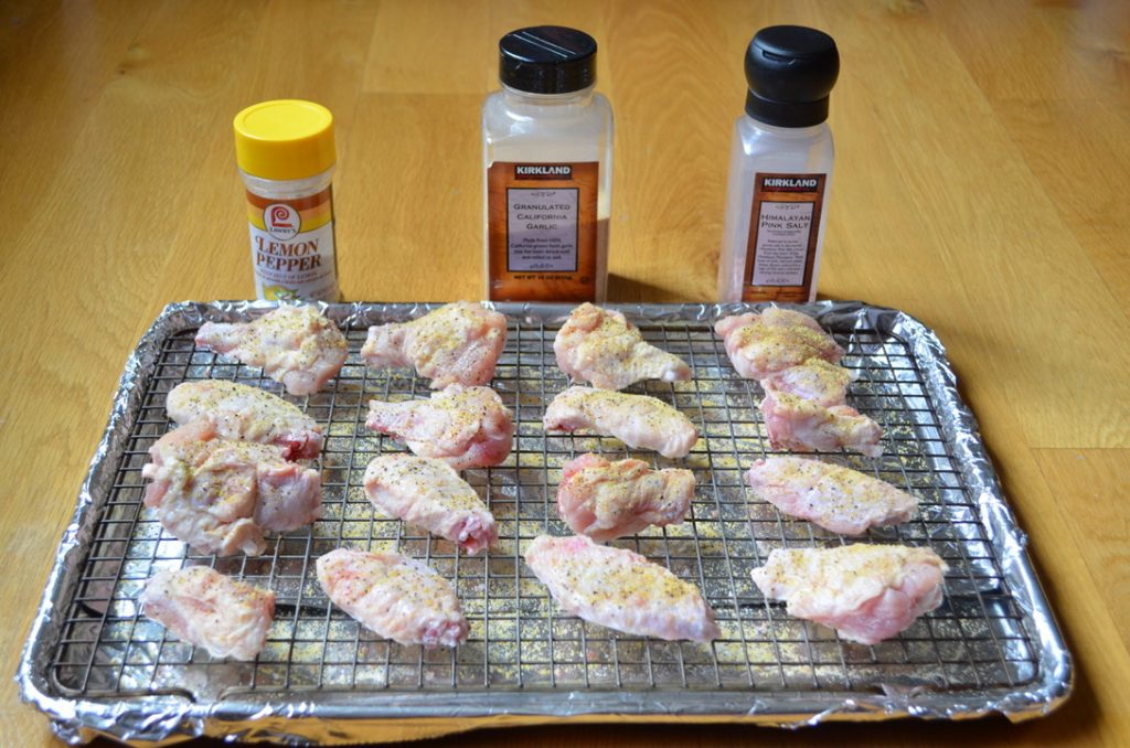 baked chicken party wings salt lemon pepper and garlic powder