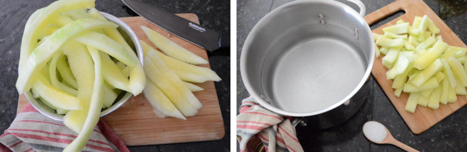 pickled watermelon rind prepped to boil